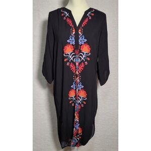 Cupio‎ Black Floral Dress Medium Womens 100% Viscose V Neck 0358